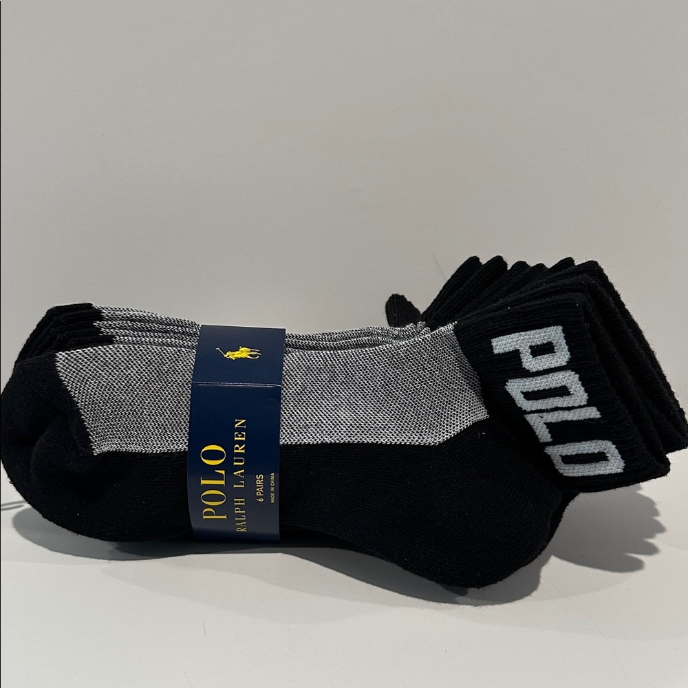 Polo Ralph Lauren Black & Gray Quarter Polo (6) Pack Men’s Socks.